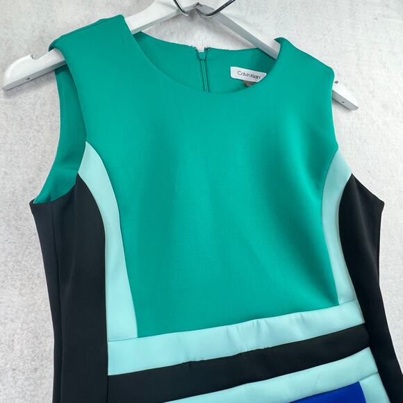 Calvin Klein Sleeveless Color-Block Sheath Dress 4 Green Blue Sleeveless Fitted - Picture 4 of 13